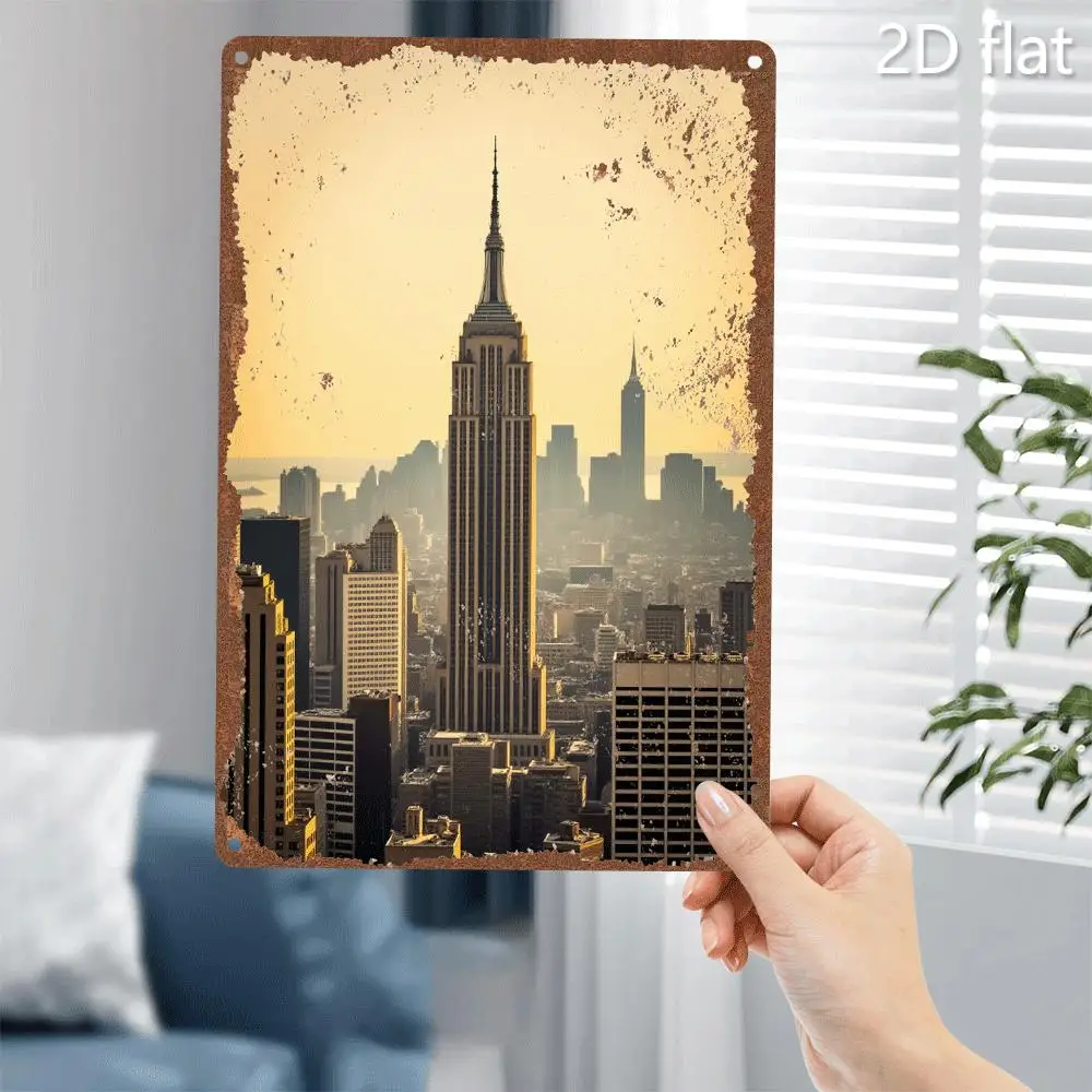 Letrero artístico de pared de Metal con horizonte de la ciudad de Nueva York Vintage, placa de pintura de estaño de hierro de 8x12 pulgadas con un centro comercial mundial y el imperio S