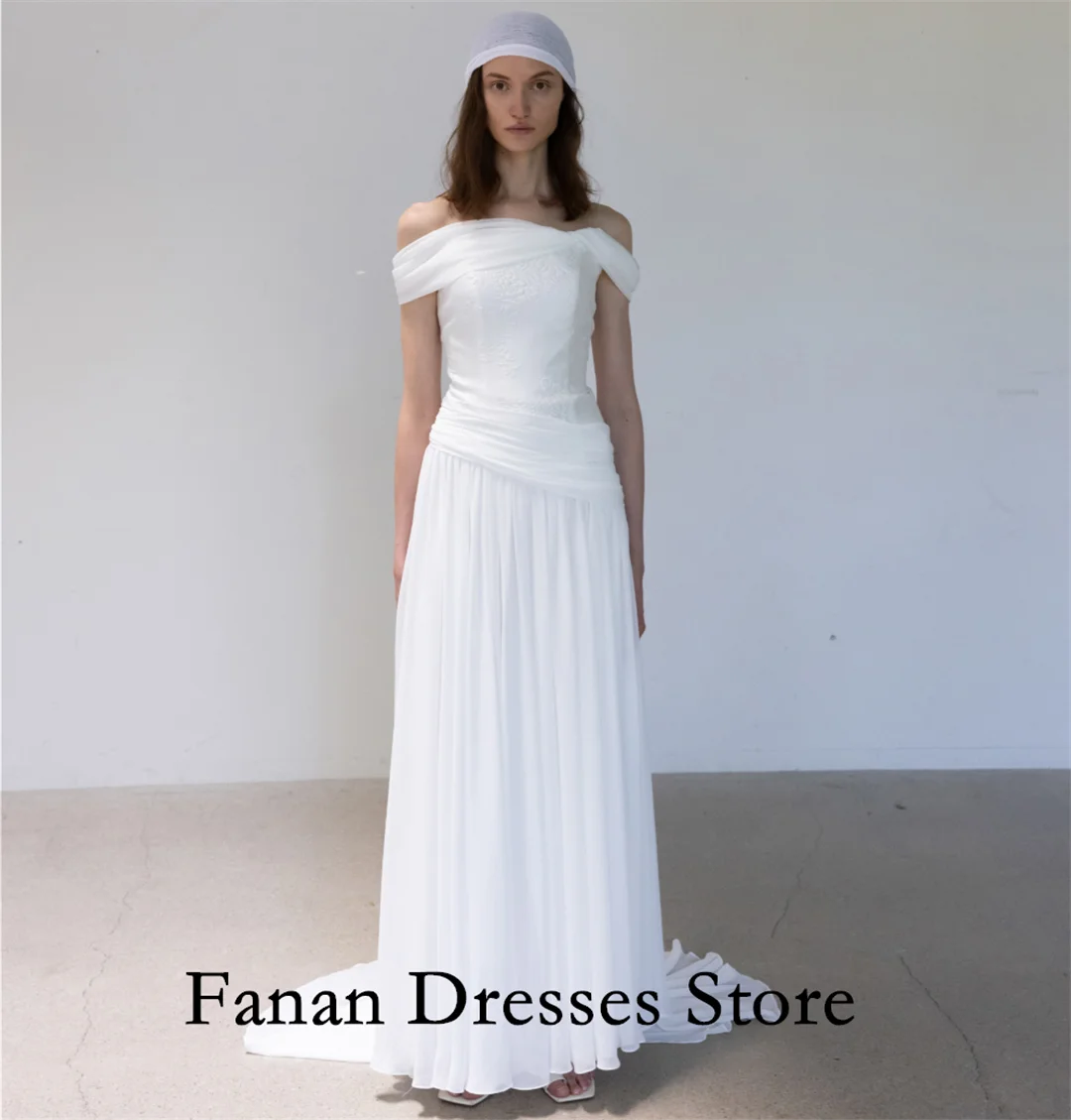 FANAN Corea Monospalla Elegante Chiffon A-Line Increspato Sweep Train Abiti da sposa Garona Avorio Personalizzato Pretty Brid