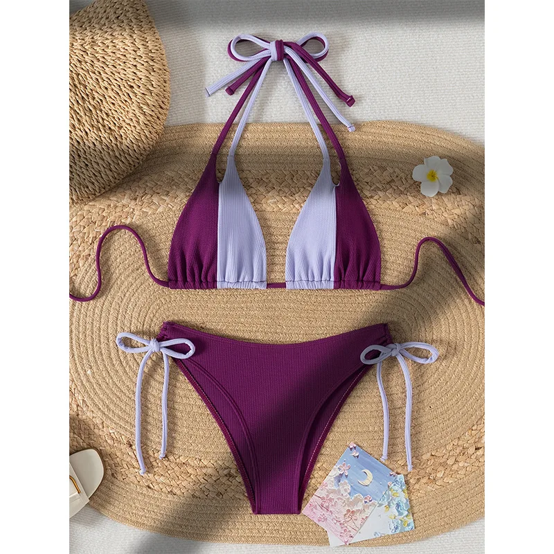 

Purple Micro Bikini 2025 Brazilian Biquini Ribbed Thong Swimsuit Women Color Block Bathing Suit Swimwear Female Summer Beachwear