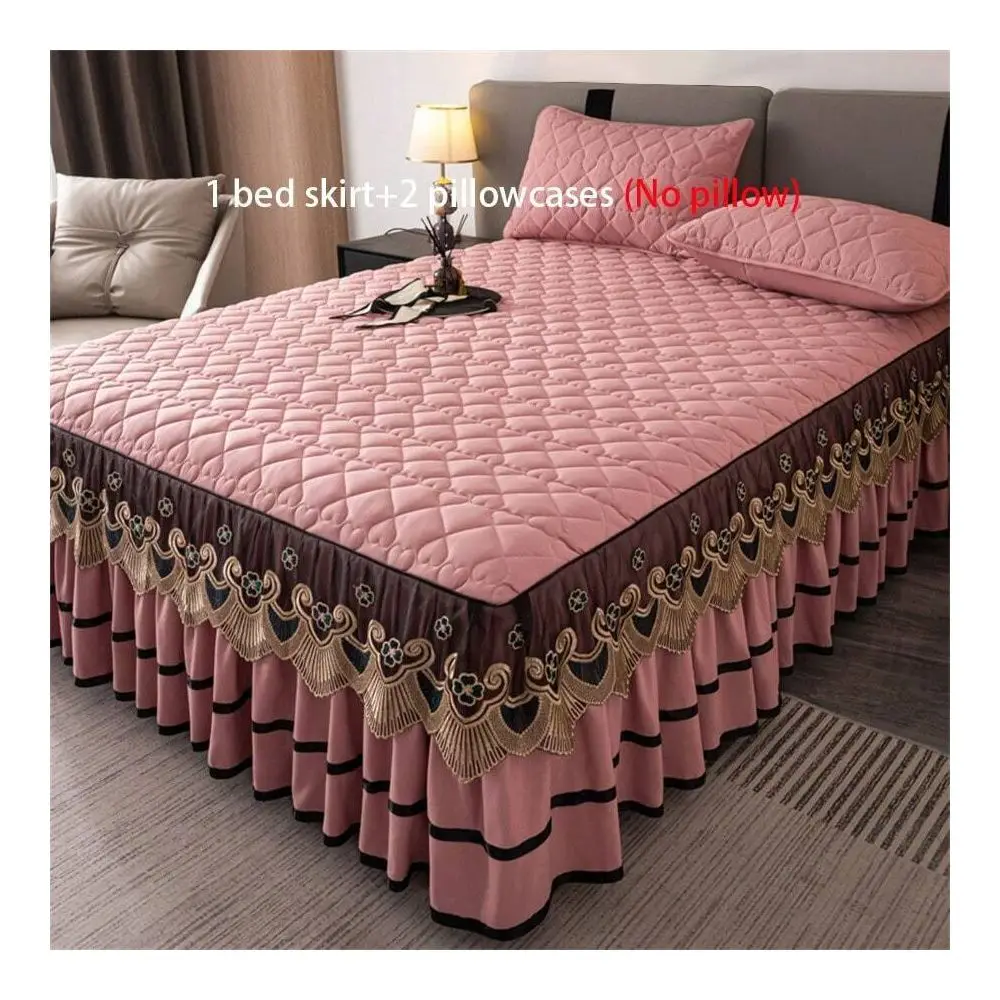 

Set Solid Heart Soft Lining Quilted High Lace Tie Comforter Cover 1pc Bed Skirt 2pcs Pillow Shams, MultiLayer Lace Decorations,
