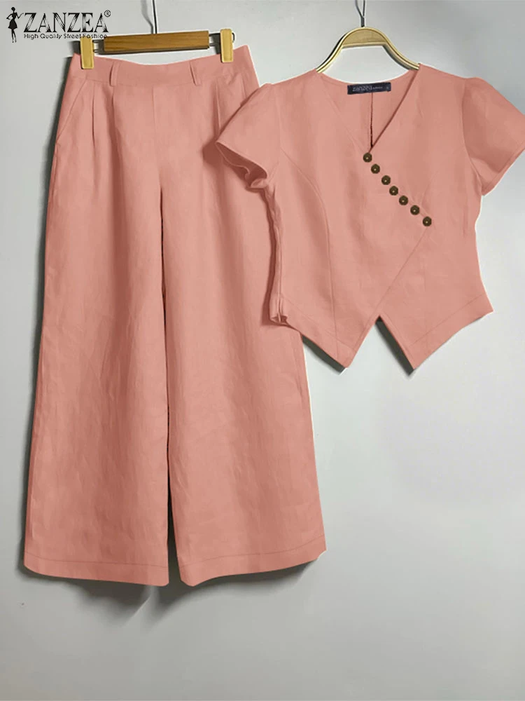 

2025 ZANZEA Summer Elegant V Neck Short Sleeve Blouse Pant Sets 2PCS Women Work Matching Sets Stylish Casual Office OL Outfits