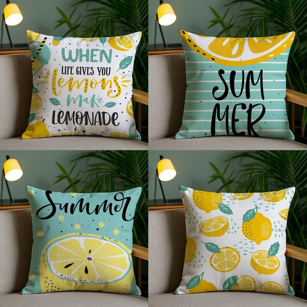 4PC Refreshing Summer Lemon Cushion Cover Soft Plush Double-Sided Print Pillow Case Home Decor for Sofa Living Room Gift