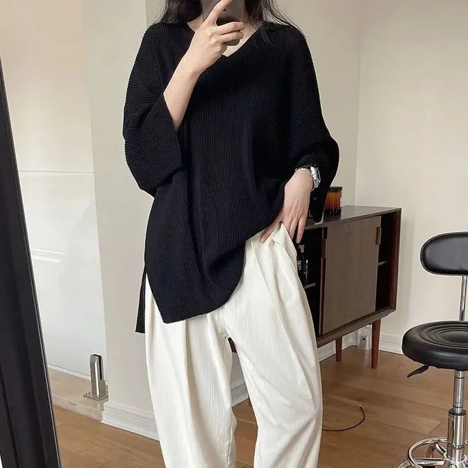 

plus Size Women's V-Neck Split Loose Fit Mid-Length Short Sleeve T-Shirt Comfortable Breathable Korean Style Casual Top
