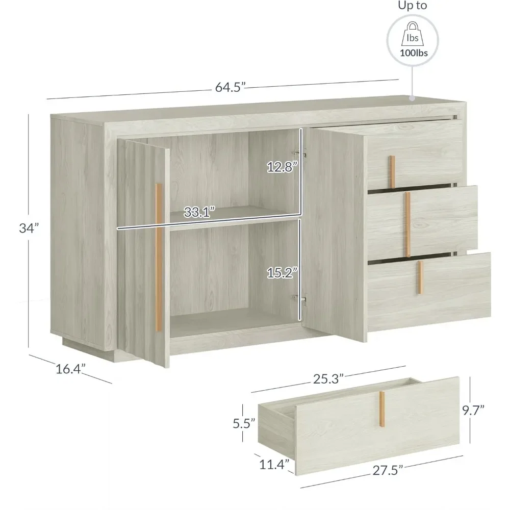 Armário buffet aparador, mesa de console moderna de 64,5" com 3 gavetas e 2 portas caneladas, armário de armazenamento com detalhes de entrada,