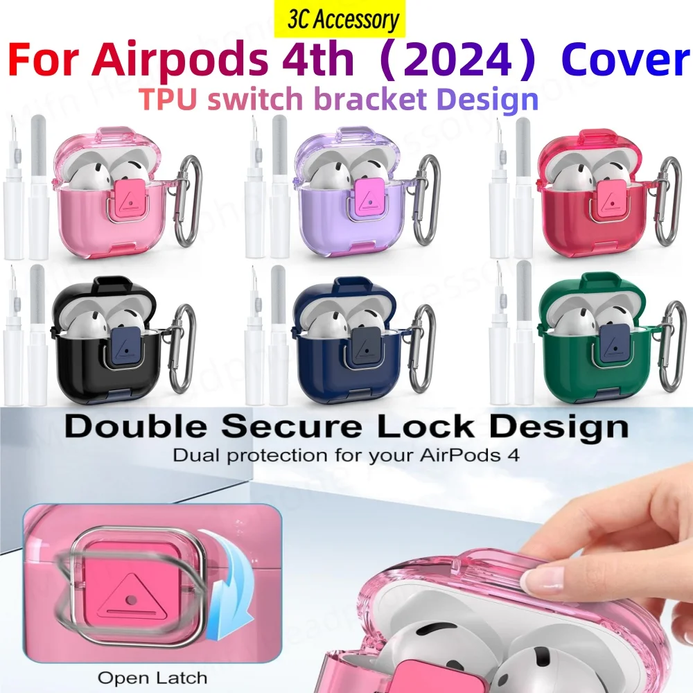 Nueva Funda con soporte de interruptor de TPU para Airpods 4th USB-C (2024) Funda con Kit de limpieza y Funda con diseño de soporte para teléfono para Airpods 4th Cover