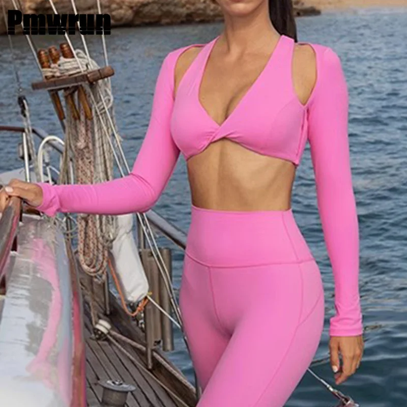 

PMWRUN Yoga Clothing Sport Outfit For Woman Nude Feel Long Sleeve Top Pink Matcha Outdoor Running Sports Gym Clothes Woman