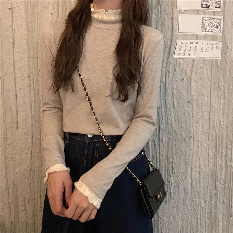 Aesthetic T-shirts Women Lace Patchwork Slender Basic Trendy Korean Style Gentle Long Sleeve Tees S-3XL Simple Casual Hot Sale