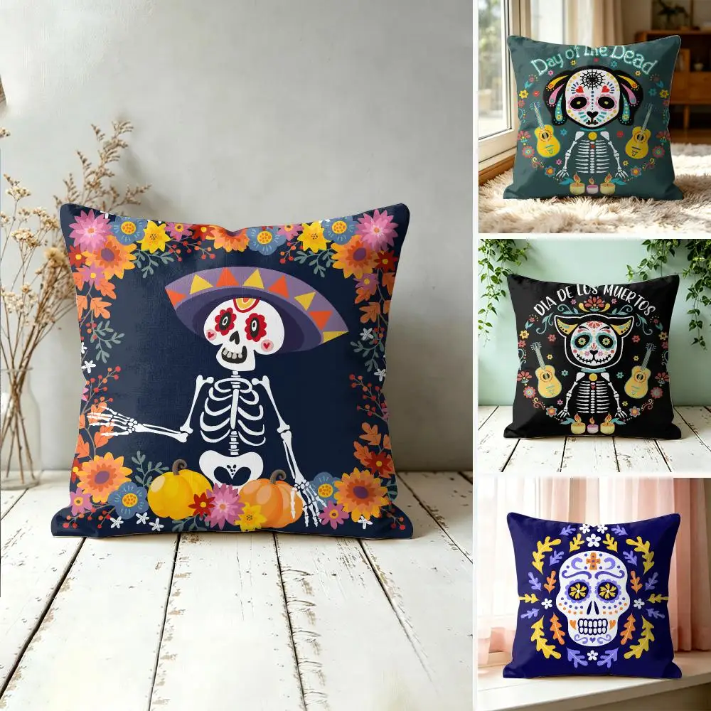 Mexico Easter Flower Skeleton Cushion Cover Square Decorative Throw Pillow 40x40cm For Sofa Bedroom Living Room Home Decor