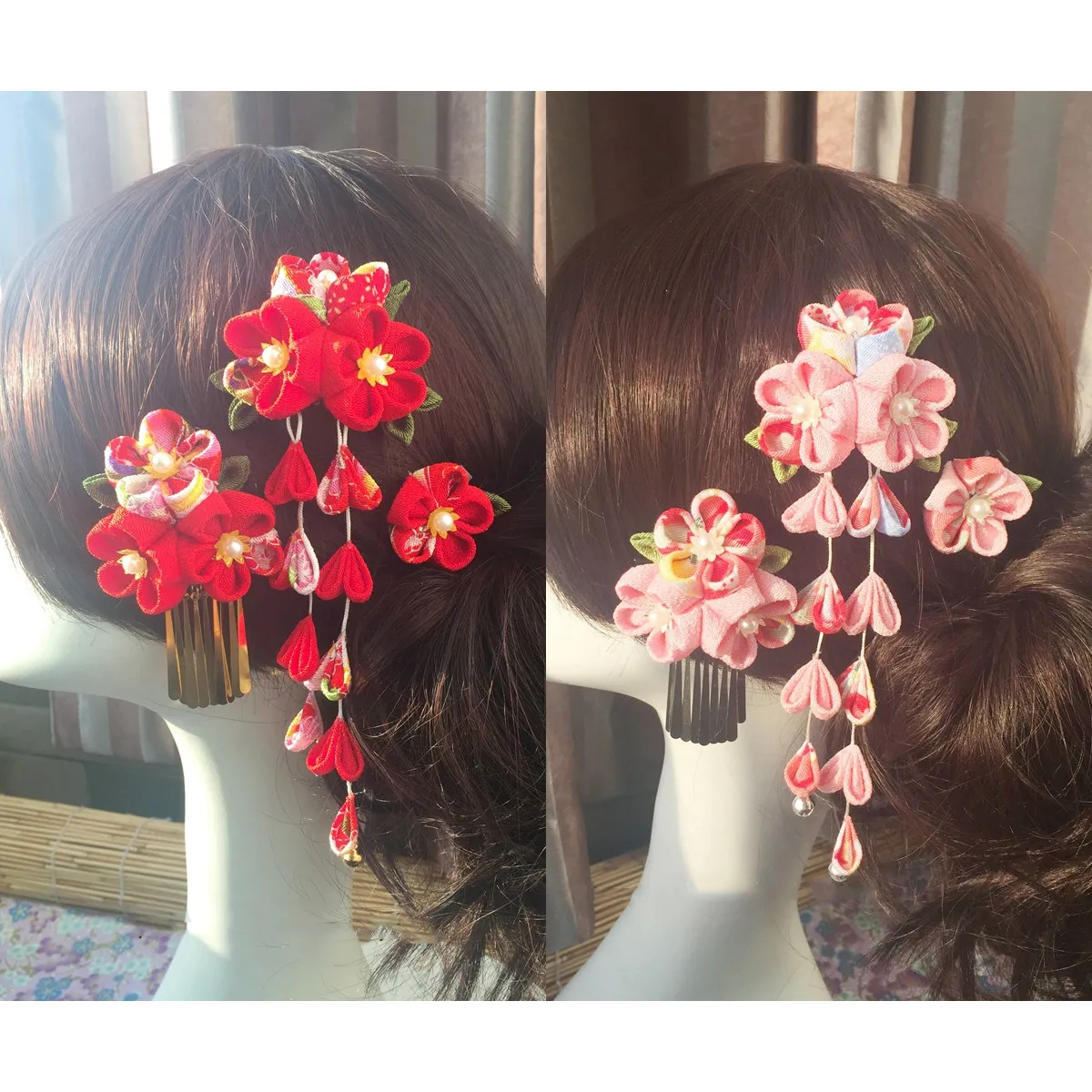 

3Pcs Japanese Style Headwear Hair Pins Cloth Flower Design Barrette Women Hair Accessories Elegant Outfit Decoration Red