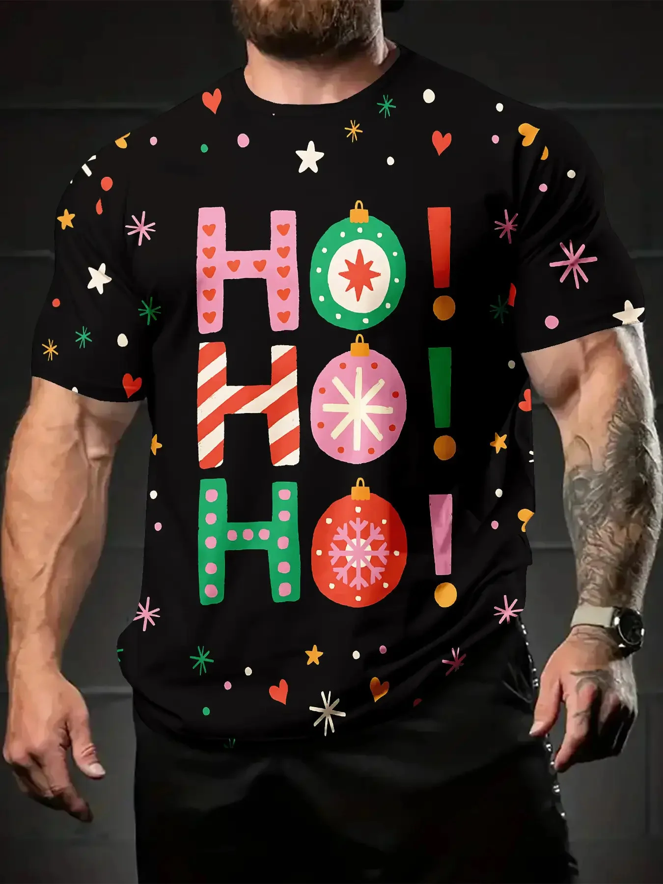 

3D ‘HOHO’Letter Printed Men's T-shirt Leisure Fashion Breathable Crew Neck Short Sleeve Tee Street Hip Hop X'mas Clothing ﻿