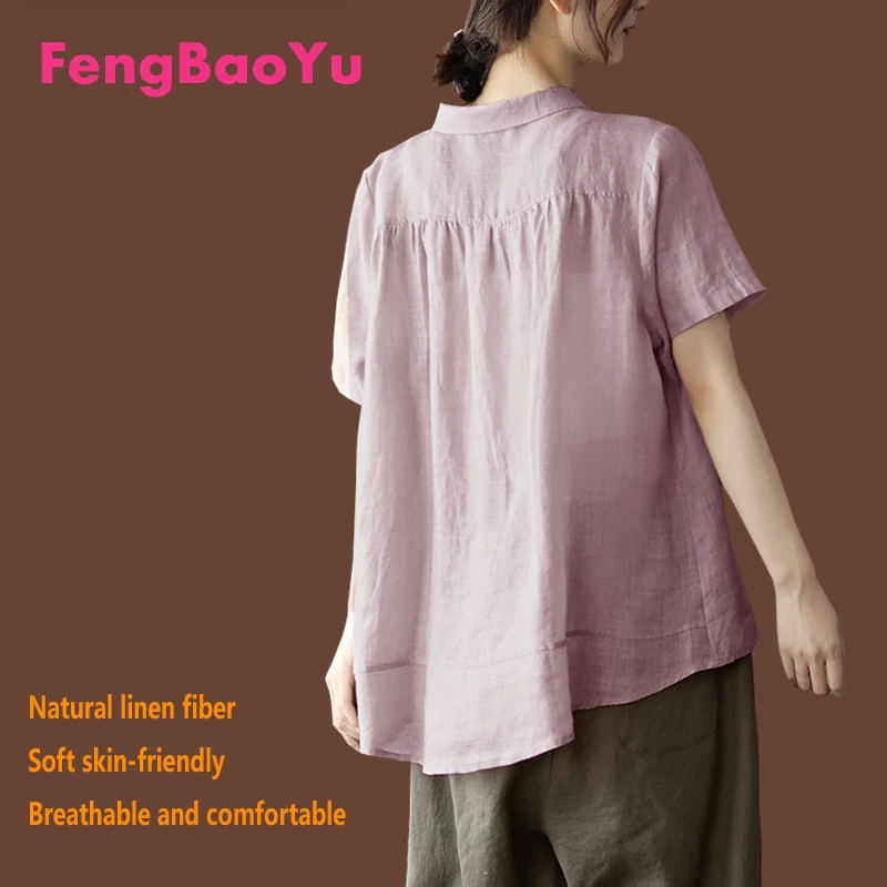 

Fengbaoyu Original Design Linen Summer Lady's Lapel Short-sleeved Shirt is Loose Pluse Size Women Clothing 130KG Weight Tops 5XL