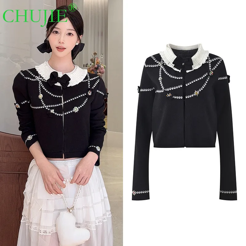 

CHUJIE 2022, осенний новый французский стиль, светский жемчужный жаккардовый декор, вязаный кардиган с рюшами и воротником