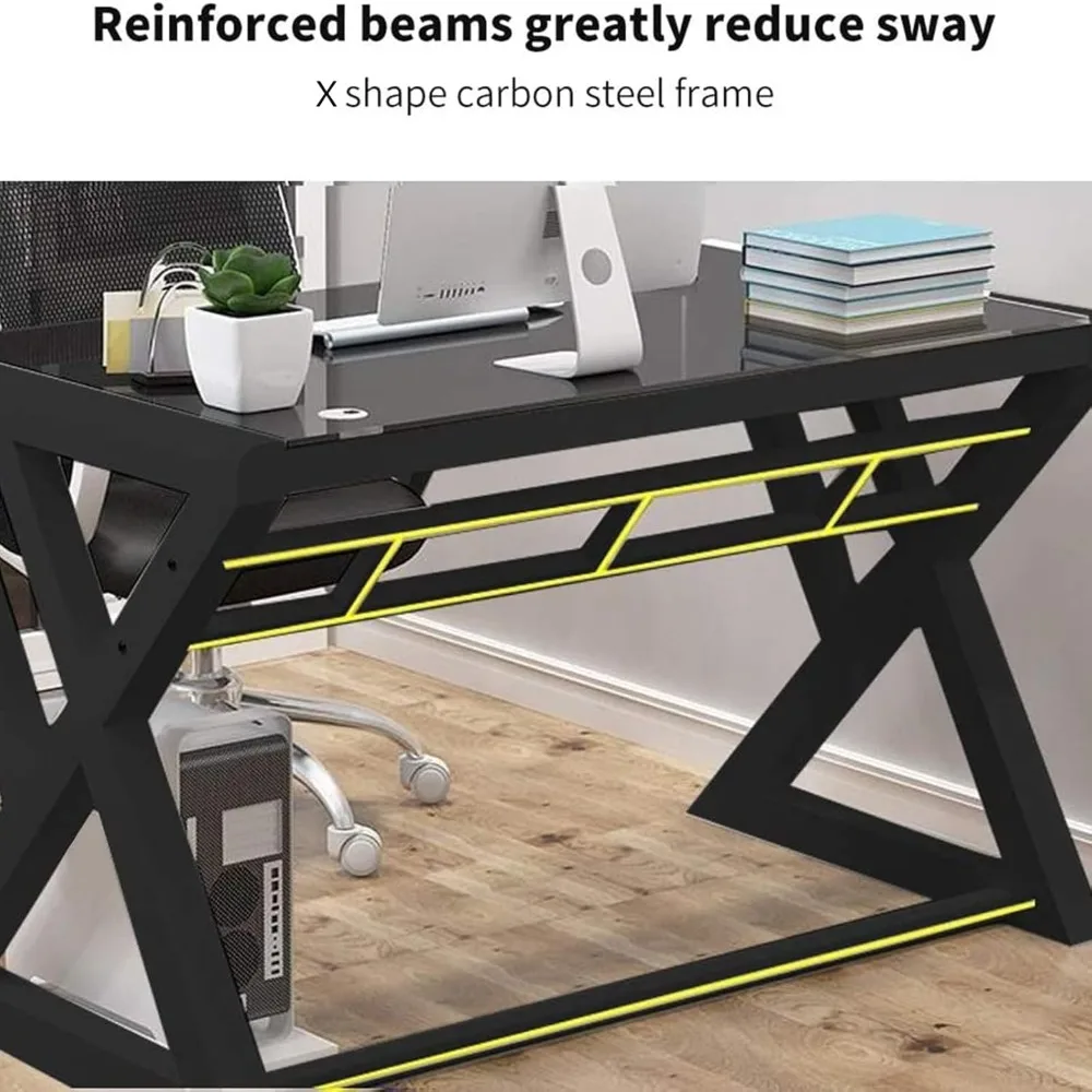 Mesa de computador de vidro, mesa de computador moderna com estrutura de aço carbono e tampo de vidro, mesas de escritório em casa, mesa de computador, estudo