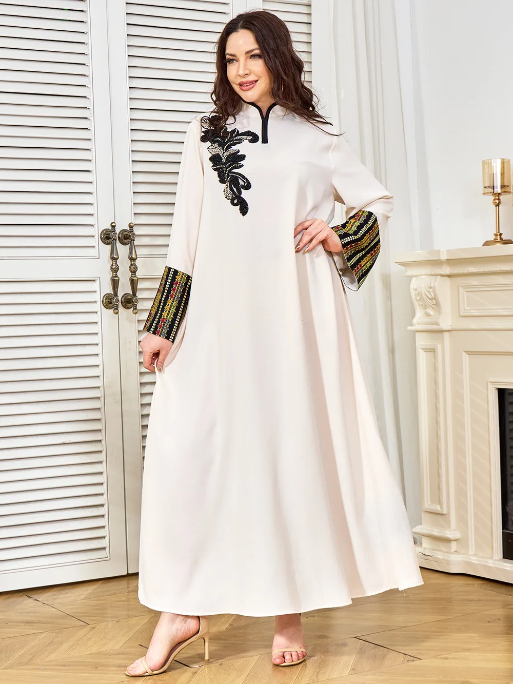 Ramadán Jalabiya para mujer, vestido árabe de fiesta, bordado de hilo, cuentas, cuello alto, caftán islámico, caftán marroquí, Abaya