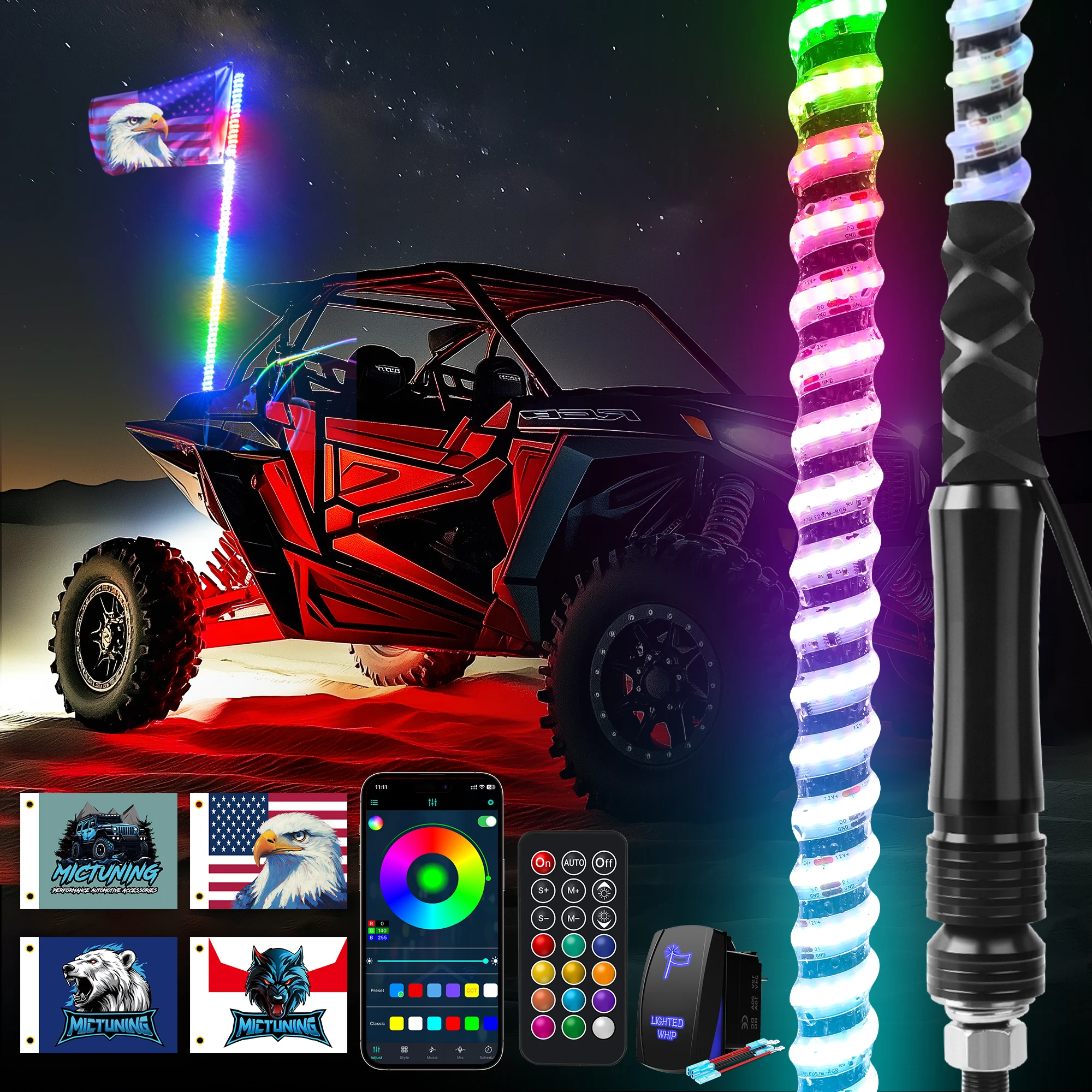 MICTUNING 3FT 360° Spiral LED Whip Lights, RGB+IC Dream Flow Chasing Colors with APP+Remote Control, Rocker Switch & Flags
