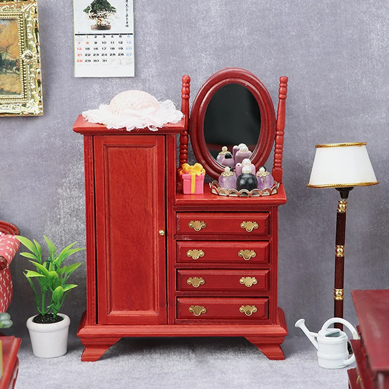 1:12 Dollhouse Miniature Vintage Dressing Table W/Mirror Chest Of Drawers Furniture Model Decor Toy Doll House Accessories