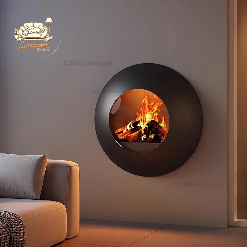 High-end custom art fireplace, real fire fireplace, firewood heating fireplace, indoor black round villa wall hanging B & B