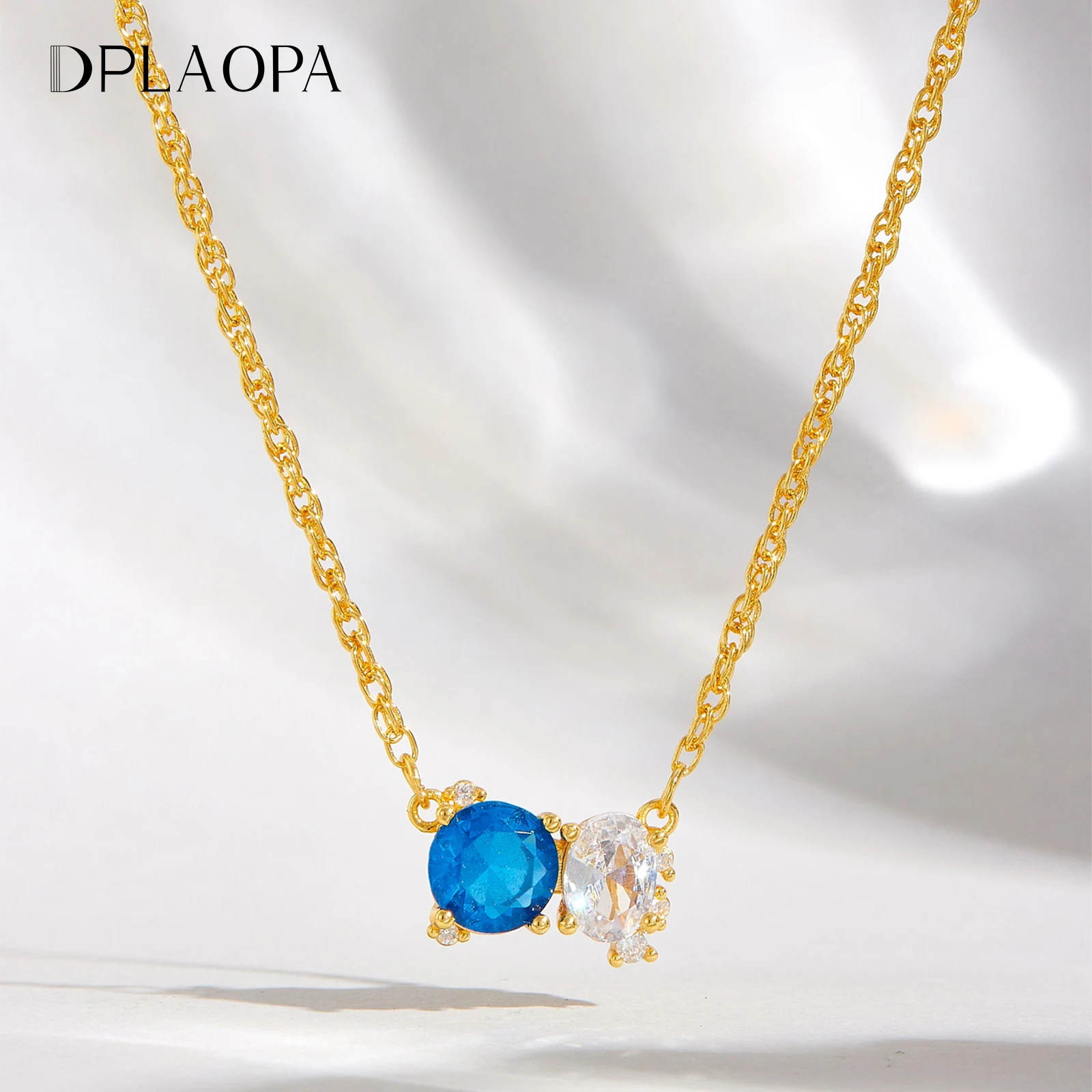 DPLAOPA Brass Two Stone Pendant Long Necklace Round Blue CZ Zircon 2026 Luxury Women Wedding Party Daily Wear Jewelry Gift