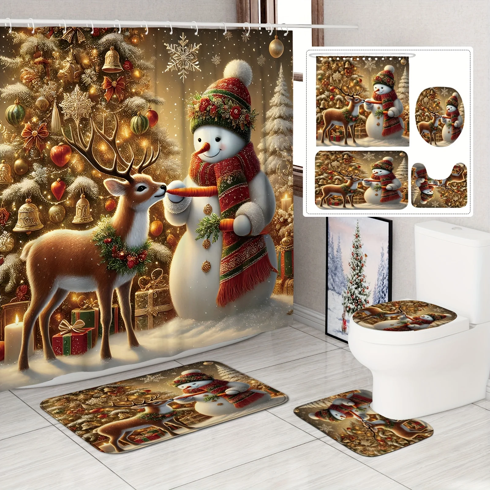 

4 шт. Рождественский набор для ванной с животным принтом, олень и снеговик, нескользящий коврик, U-образный чехол для унитаза, 12 крючков, праздничный домашний декор