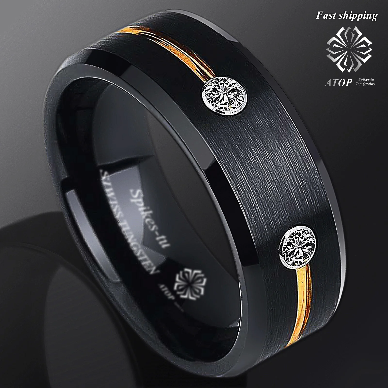 8mm Black Brushed Tungsten Ring Gold Grooved Line Diamond ATOP Men Wedding Band
