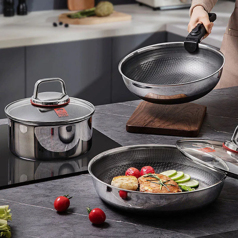 Kitchen Cookware Set Sauce Pot Frying Pan 3pcs in Set Stainless Steel Convenient Detachable Handle Cooking Pot