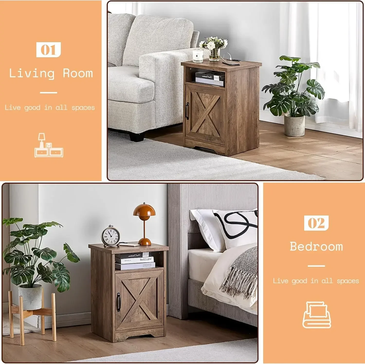 3-Piece Farmhouse Table Set Includes Coffee Table& Two End Tables, Side Table with Charging Station and USB Ports, for Living Ro