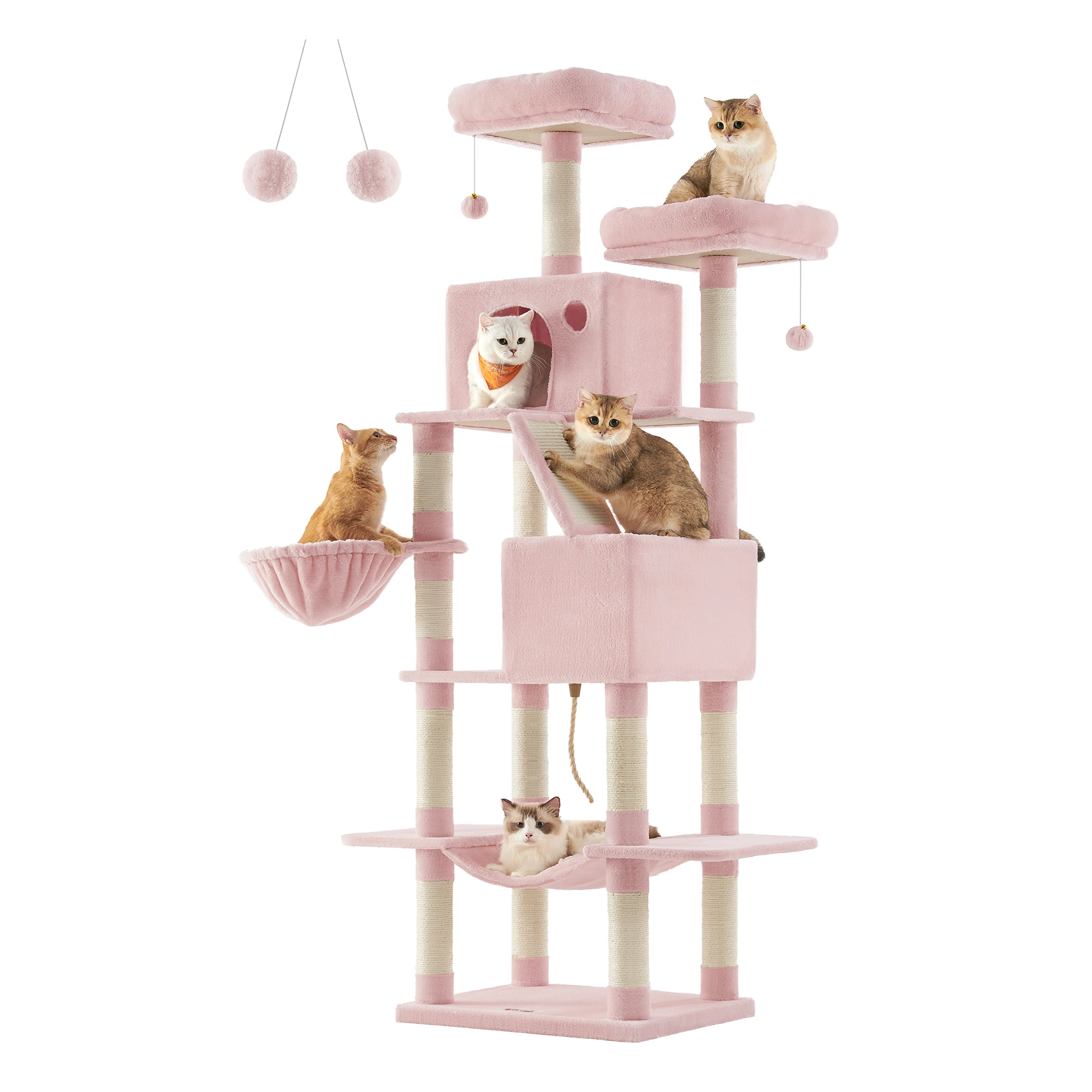 Feandrea Krabpaal Groot, 206 Cm Hoog, Xxl Kattenboom, Met 13 Krabpilaren, 2 Platforms, 2 Grotten Mand Hangmat Pluche Ballen