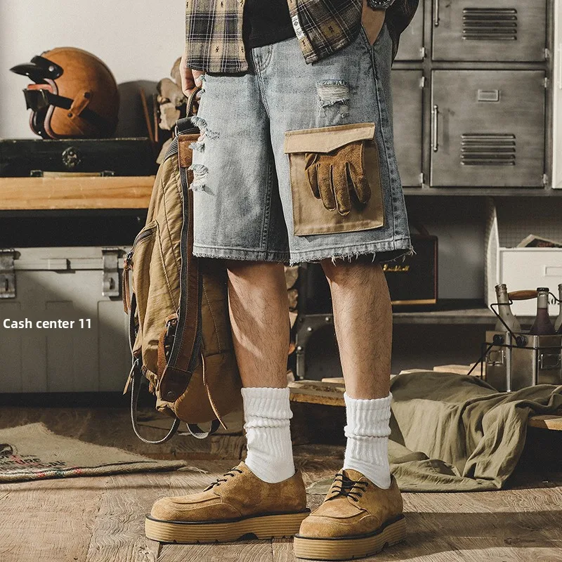 

Jerry American Retro Men's Denim orts Summer Loose Large Size Hole Workwear Five-Point Trendy Mid-Pants Straight Tube