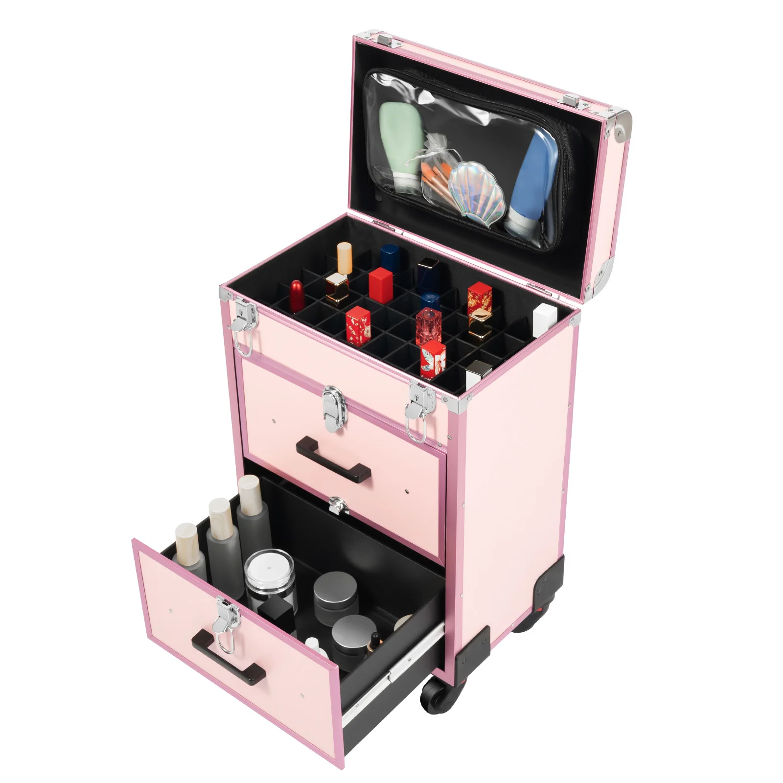 

BYMAOCAR Travelling Cosmetic Case Trolley with Universal Wheels,Professional Rolling Makeup Cosmetic Organiser with Lock, Pink