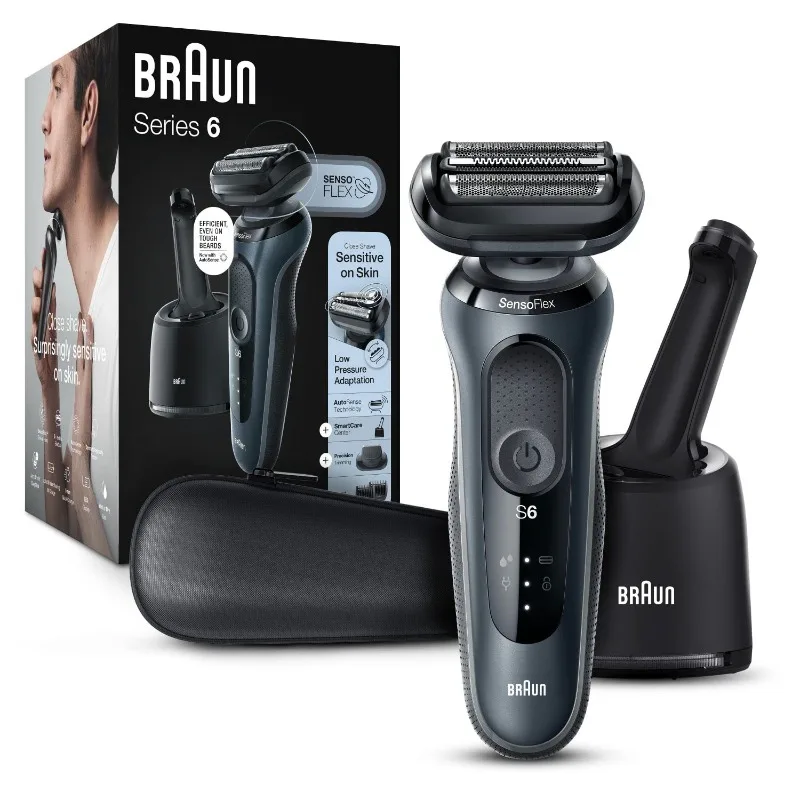 Braun-Afeitadora eléctrica para piel sensible, dispositivo de afeitado en seco y húmedo, Serie 6 6075cc, con recortador de barba, Centro de limpieza y carga SmartCare