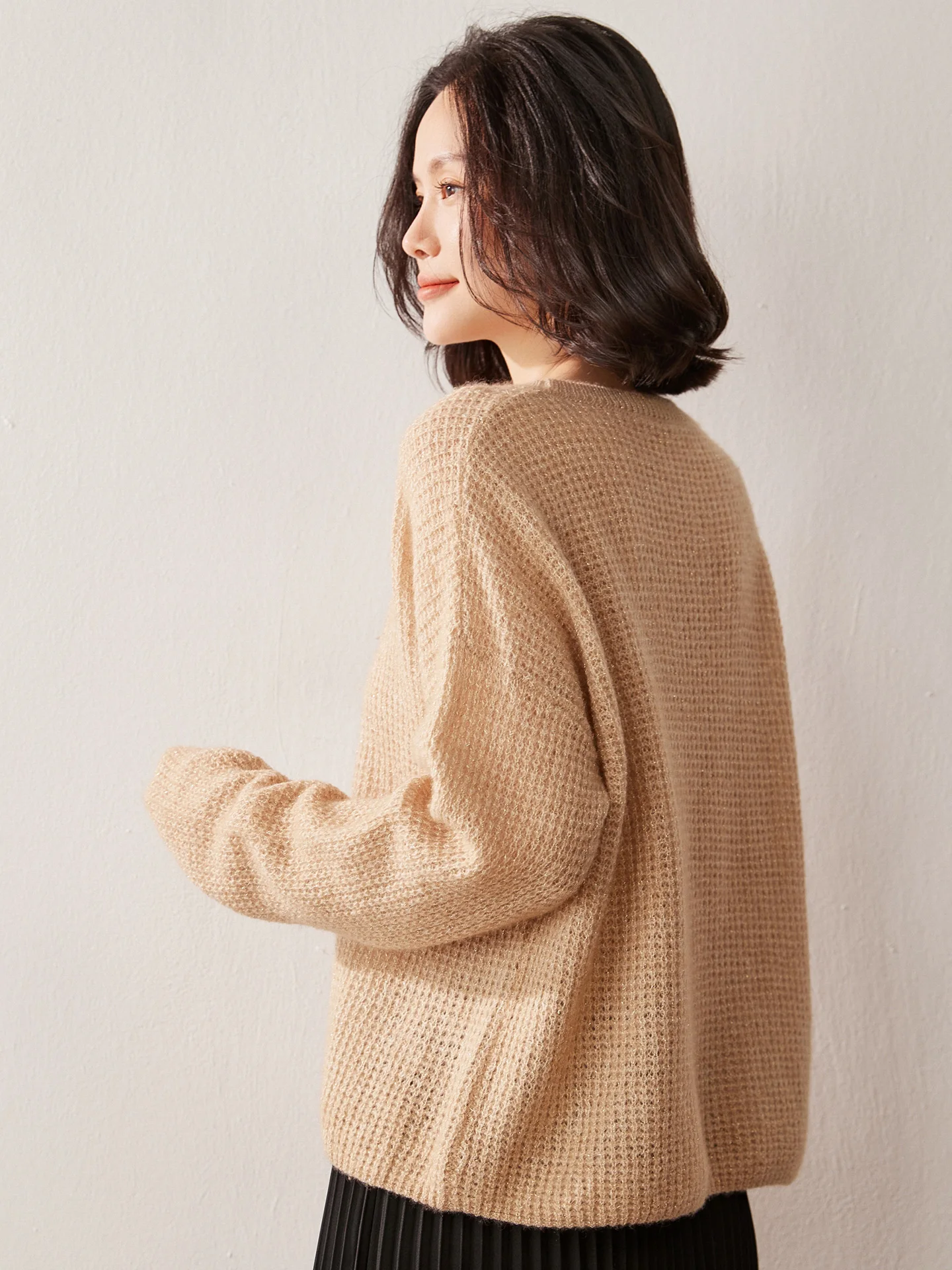 35% Cashmere Women's Round Neck Sweater For Autumn Winter Casual Fashion, Thick Shiny Slk Cashmere Knit Sweater
