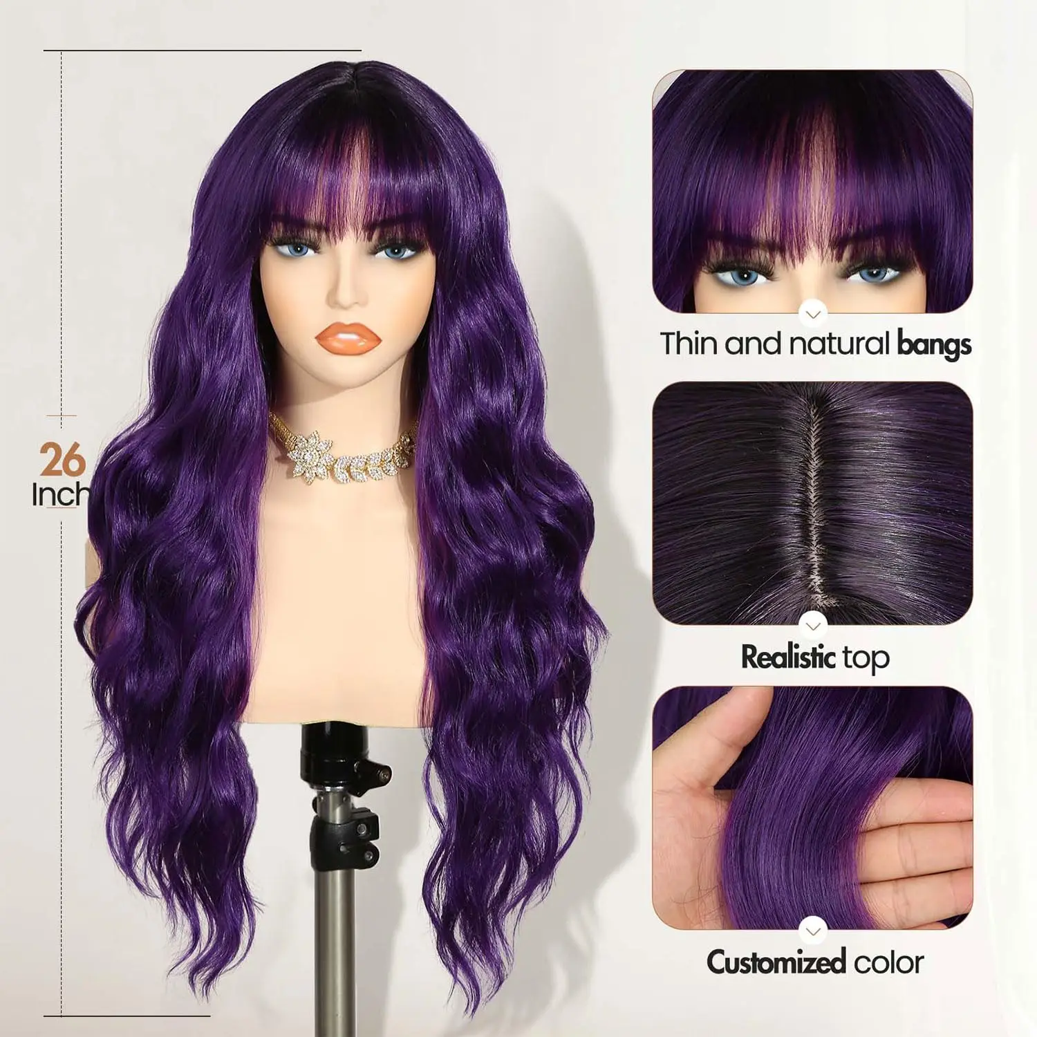 26 Inch Purple Ombre Wig with Bangs Dark Rooted Heat Resistant Synthetic Wavy Curly Hair for Women Cosplay Daily Party Use