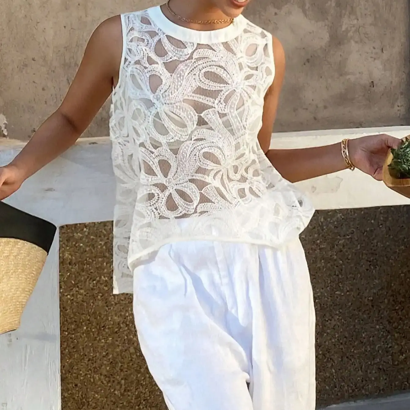 JHJN New Model Lace Mesh Sleeveless Top Elegant Vest Party High Street Fashion Leisure Vacation