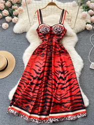 Women Vintage Party Dress Summer Leopard Print Three-dimensional Midi Dresses Ladies Elegant A Line High Waist Long Robe