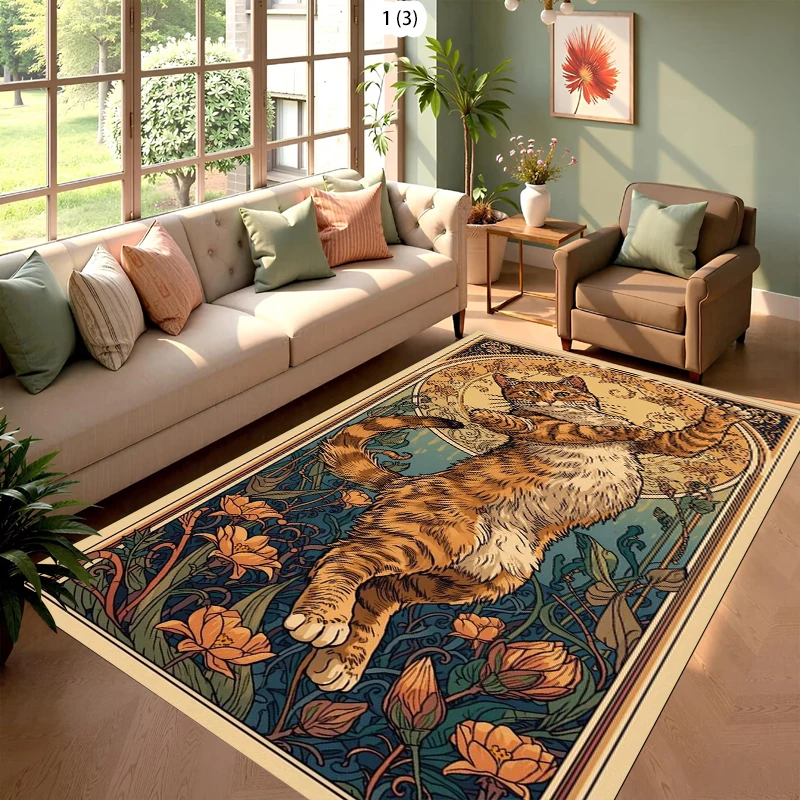 Art Deco Tiger Pattern Area Rug with Lotus Flowers Modern Plush Carpet for Living Room Floral Home Decor Cozy Floor Mat