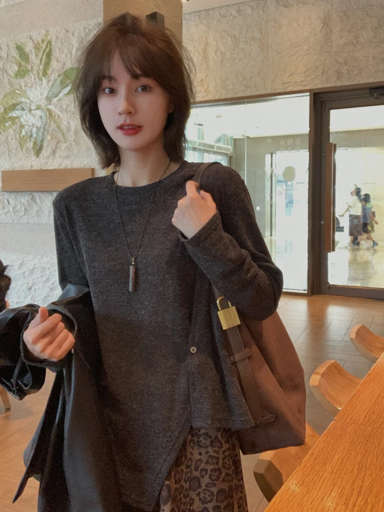 

Faionable Korean Sle Women's T-irt Xiren Pred Pleat One Button Travel Outfit Autumn Top for Ladies Casual Sle Long...