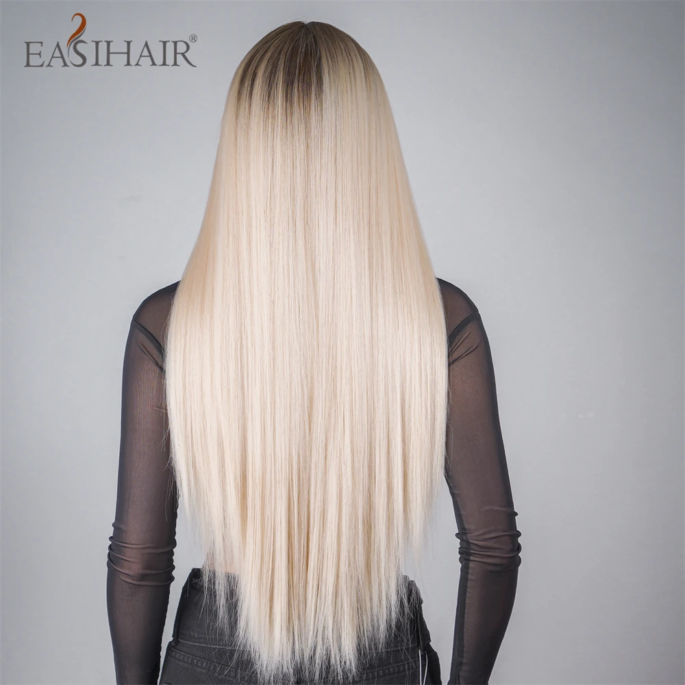 EASIHAIR Long Silky Straight Synthetic Wig with Bang Light Platinum Blonde Hair Wig for Women Daily Party Cosplay Heat Resistant