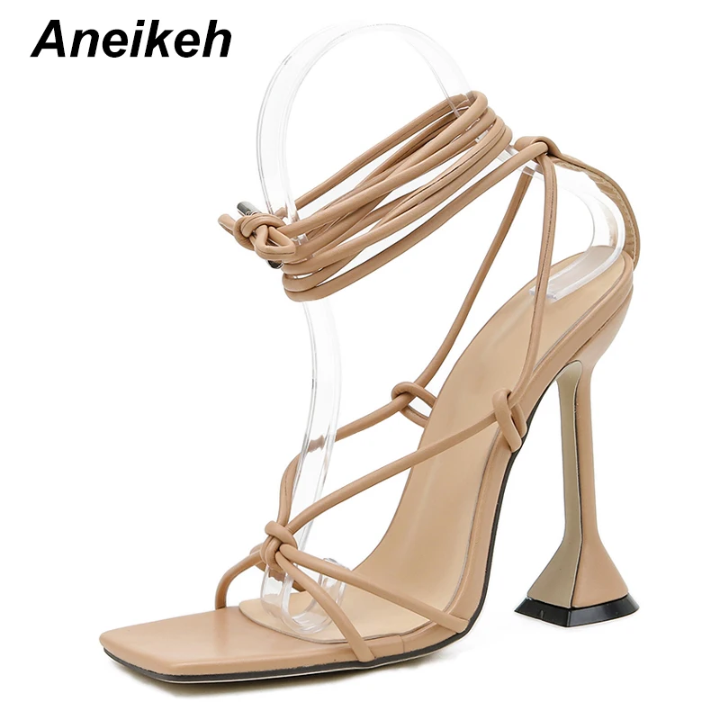 Aneikeh Cross Strap Sandals T-strap Design Shoes 2024 Summer Roman Women Sandals Narrow Band Square Toe High Heels Spike Heels