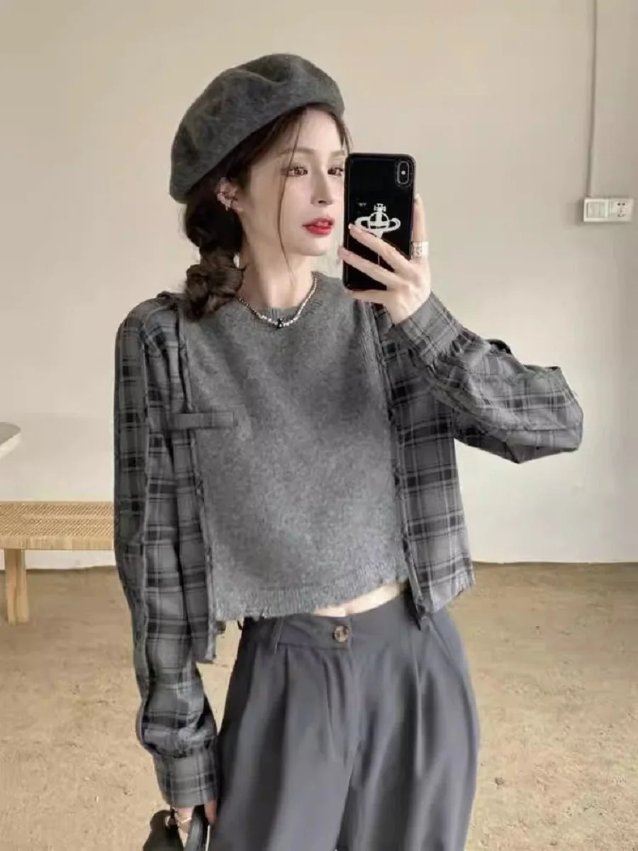 

Spliced ​​Knitted Plaid Shirt Women Autumn Winter New Niche Design Loose Short Casual Versatile Long-Sleeved Top