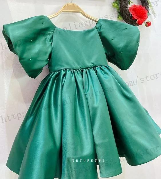 Dark Green Short Mum and Me Party Dress Satin Puffy Half Sleeve Scoop Birthday Dresses for Photoshoot 2024 New