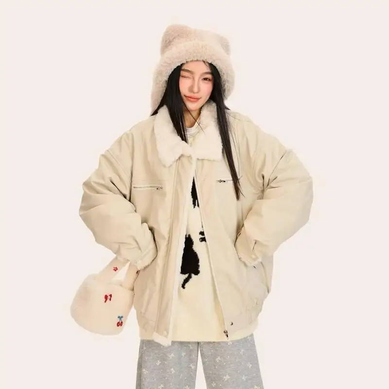 

Women Winter Coat American Lapel Lamb Wool Jacket Cotton Coat Women Winter Lazy Style Fleece Lined Thick Korean Version Couple