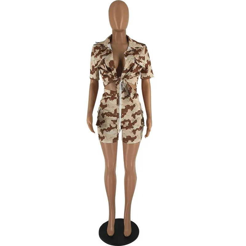 Camouflage Print Short Sets Women 2 Piece Set Outfit Streetwear Pockets Button Shirt Top and Cargo Shorts Casual Matching Sets