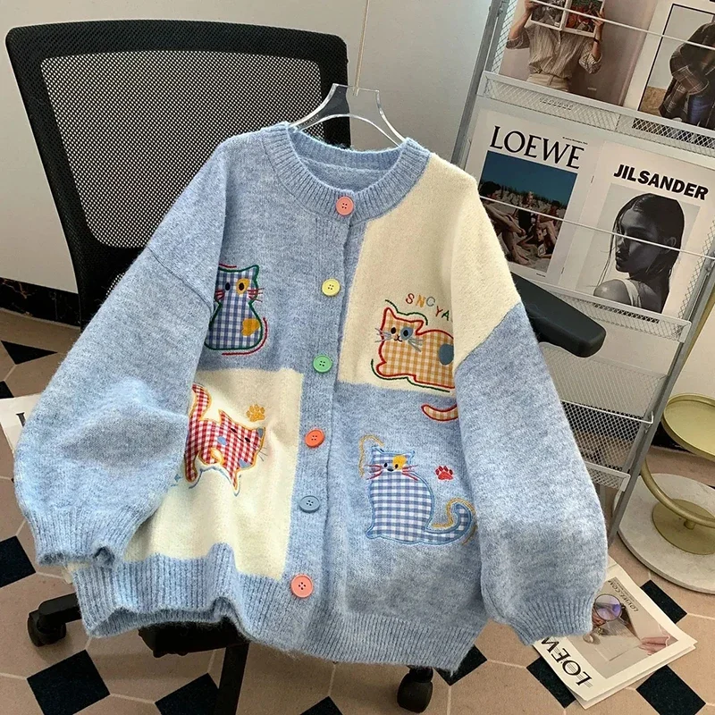 

Japanese Style Sweet Cartoon Embroidery Knit Cardigan Women Long Sleeve Chic Sweater Preppy Loose Casual Cute Button Female Tops