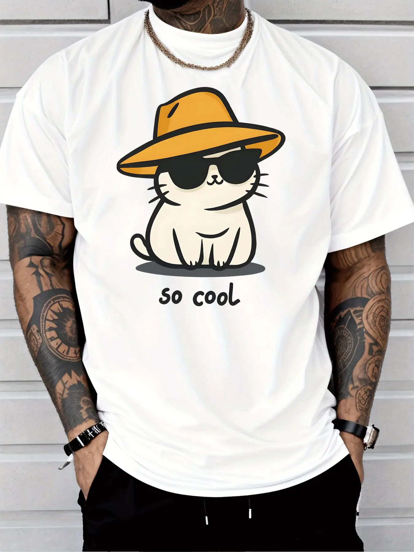 Men Black Crew Neck Tee Cute White Cartoon Cat With Yellow Wide Hat Sunglasses So Cool Text Funny Pet Lover Casual Cotton Tops