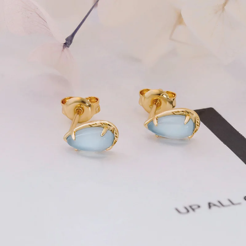LAMOON Bijou Natural Gemstone Aquamarine Stud Earings For Women 925 Sterling Silver Gold Vermeil Water Drop Earring Fine Jewelry