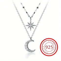 925 Sterling Silver Exquisite Elegant Octet Star Moon Necklace Creative Double Clavicle Chain Valentine's Day Gift for eid