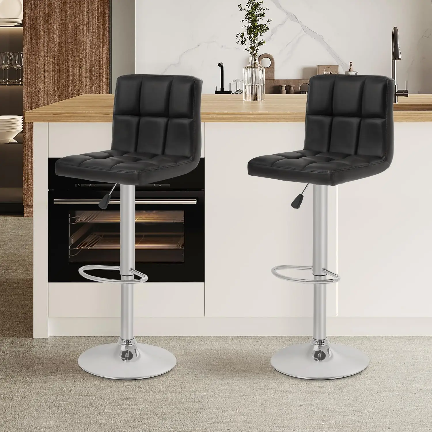 Bar Stools Set of 2, Counter Height Bar Stools with Back PU Leather Armless Hydraulic Kitchen Counter Bar Stool (Black)