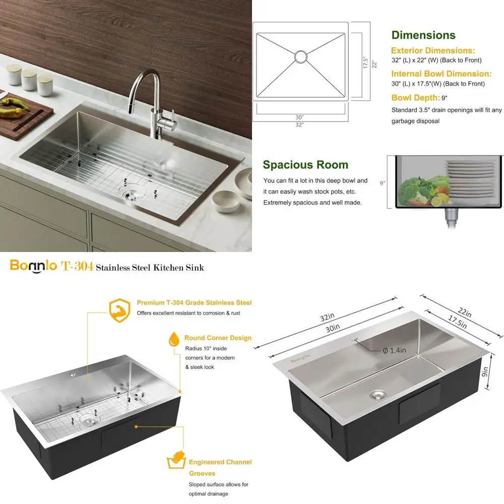 

Bonnlo 32 Inch Top mount Kitchen Sink Drop-in, Farmhouse Kitchen Sink with Sink Protector 18 Gauge, Workstation Sink, 304 Stainl