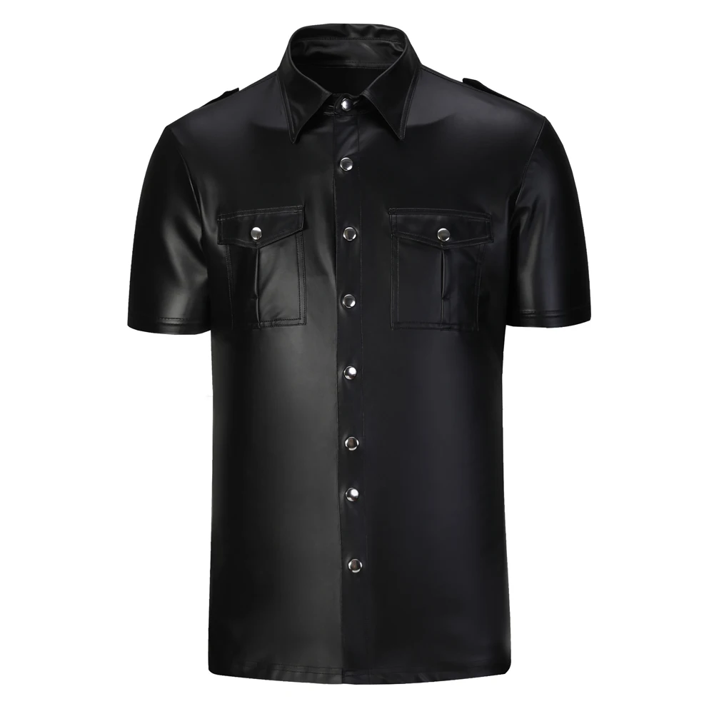 Men\'s Leather Shirts Short Sleeve Elastic Fashion PU Leather T-Shirts