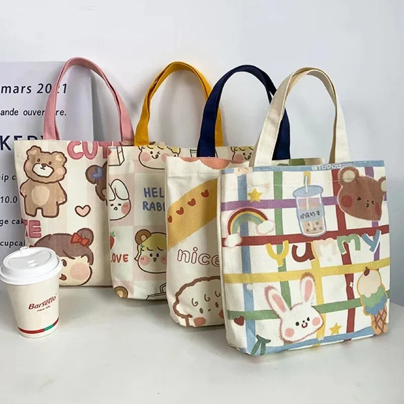 2024 Fashion Canvas Tote Bags For Women Casual Shopper Handbag Japanese Style Cartoon Small Shoulder Bags